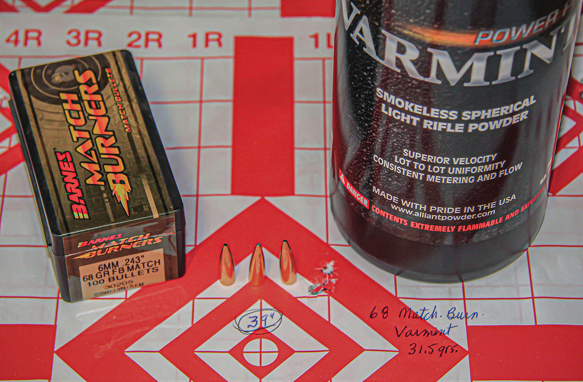 Barnes 68-grain Match Burners and 31.5 grains of Alliant Power Pro Varmint proved to be a winning combination, producing this .39-inch group at 3,345 fps.